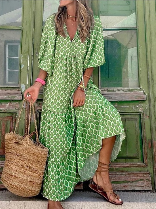 Dresses & Skirts - Boho Green & White Geometric Print Half-Sleeve Tiered Maxi Dress